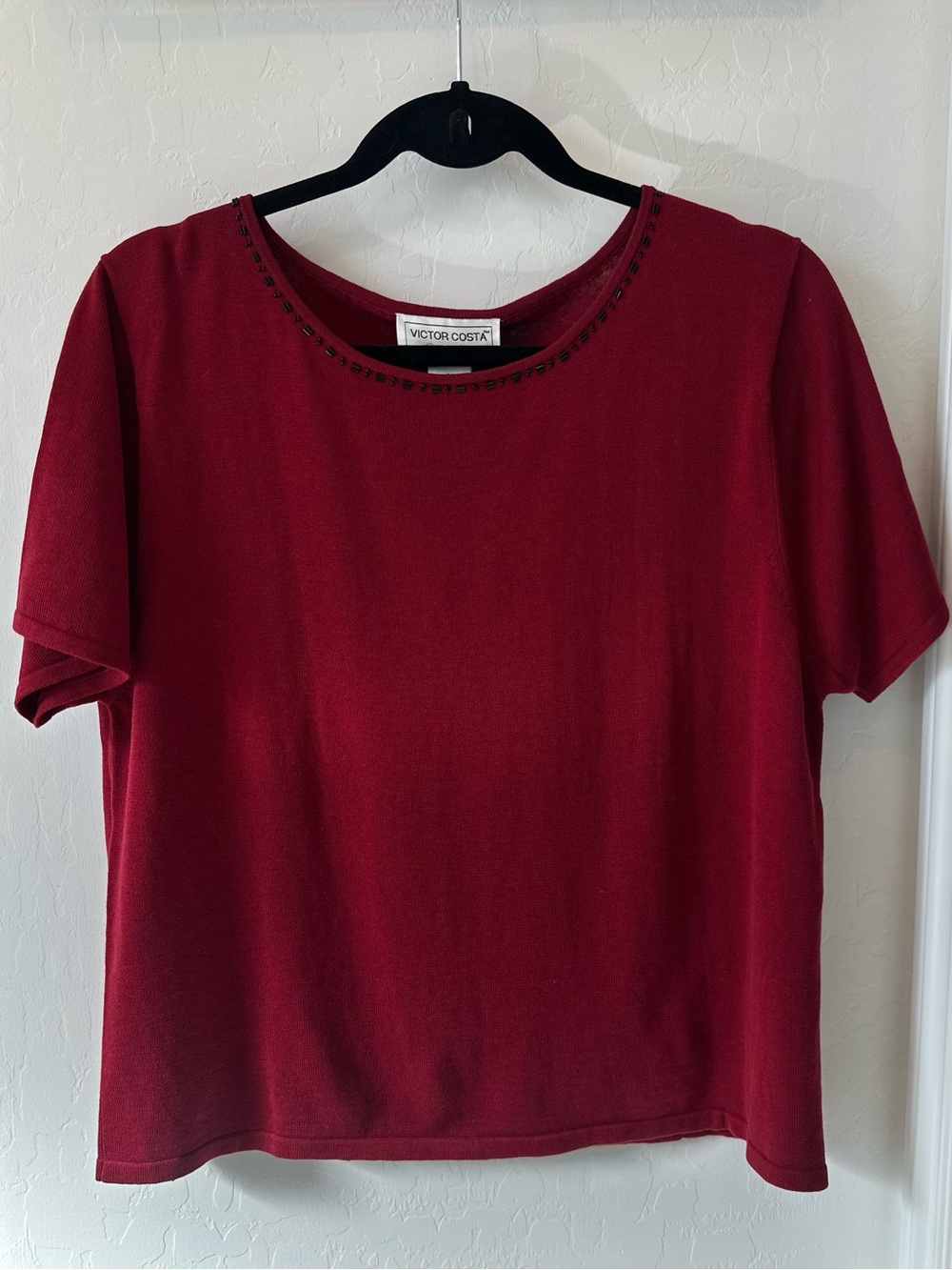Victor Costa Red Short Sleeve Top with Beaded Neckline